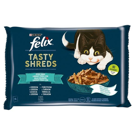 FELIX TASTY SHREDS Rybne Smaki z  Łososiem i z Tuńczykiem 4x80g - mokra karma dla kotów dorosłych, 4 x 80 g