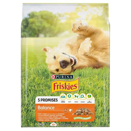 Friskies 5 Promises Balance sucha karma dla dorosłych psów z mieszanką kurczaka wołowiny i warzywami 3 kg