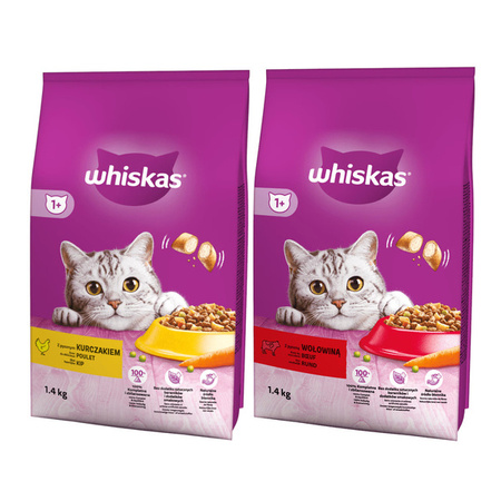 WHISKAS Sucha Kurczak + Wołowina - sucha karma dla kotów dorosłych, 2 x 1.4kg ZESTAW