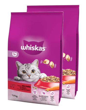 WHISKAS Sucha Wołowina - sucha karma dla kotów dorosłych, 2 x 1.9kg ZESTAW
