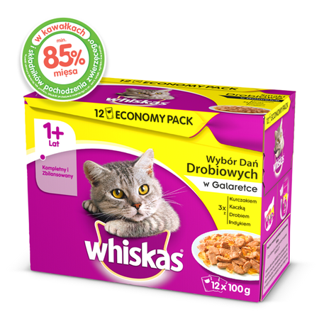 Whiskas ( 1+ lat) Wybór Dań Drobiowych 12 100 g - mokra karma dla kotów powyżej 1 roku życia wybór dań drobiowych w galaretce 12x100g